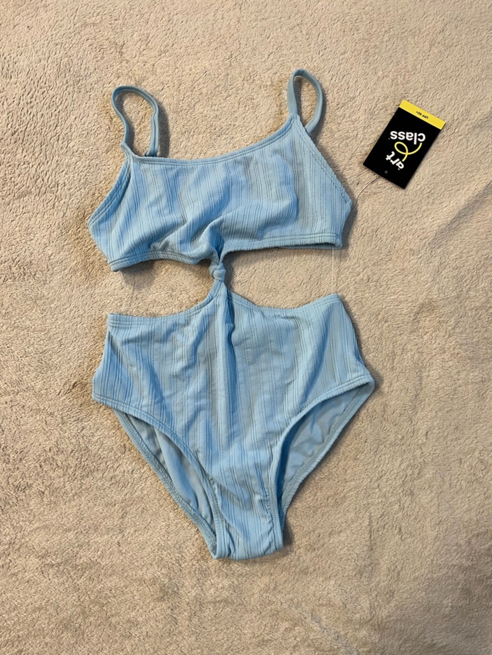 Art Class Girl’s Blue Ribbed One-Piece Swimsuit Medium (8) NWT Cutouts